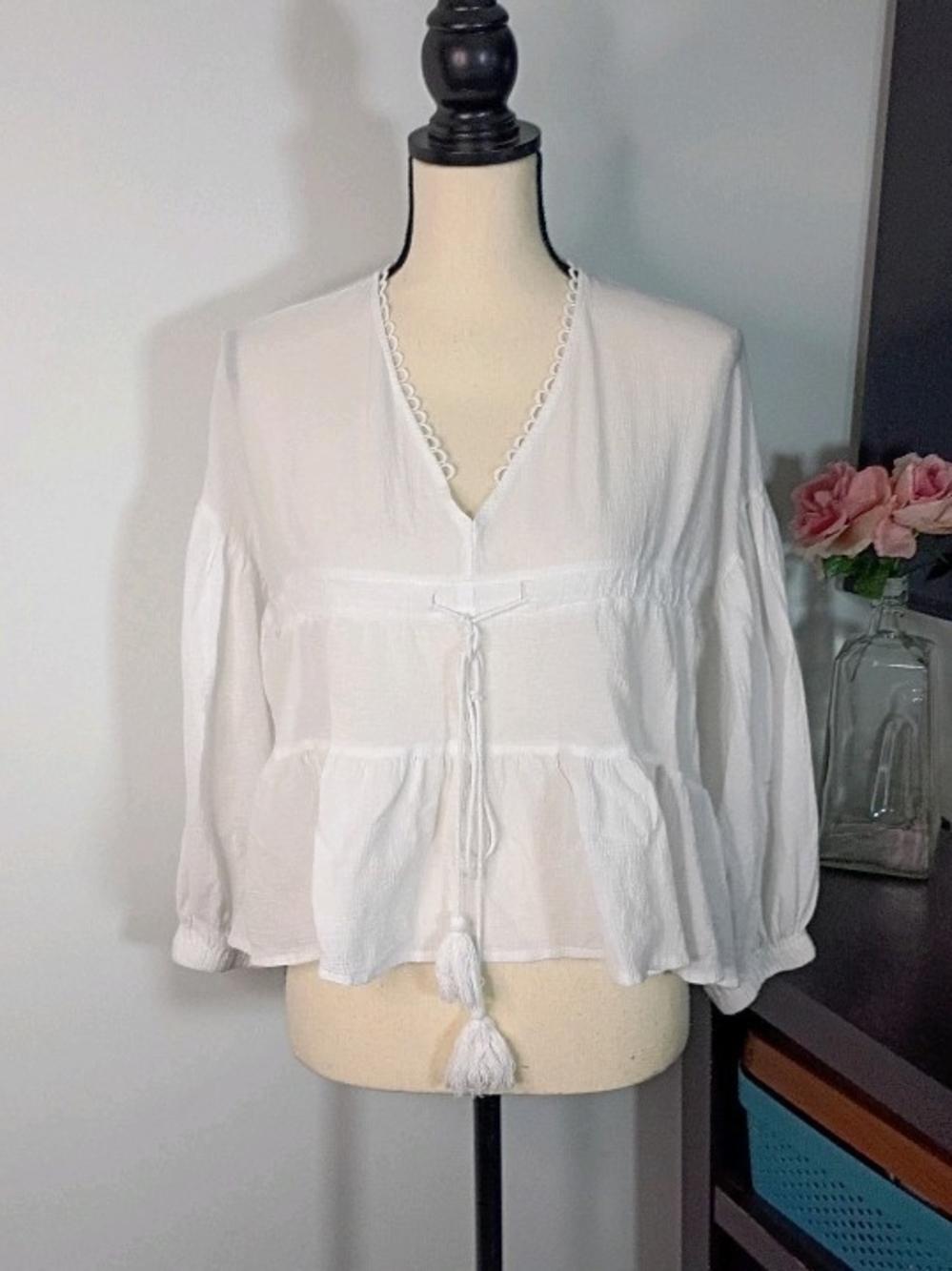 Goodnight Macaroon Women's White V-Neck Peasant Boho Blouse with Tassel Tie
